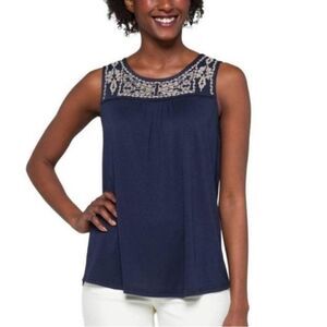 Stitch Fix Skies are Blue Traleven Embroidered Yoke Knit Top Womens Large Navy